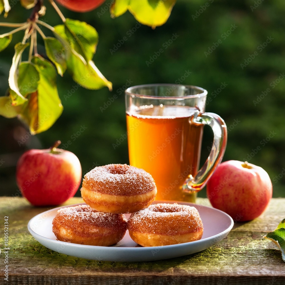 Apple cider donuts and warm cider in the garden Apple cider donuts and warm cider in the garden