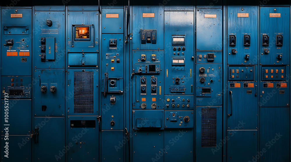 A wall of blue control panels with various buttons, switches, and gauges. A wall of blue control panels with various buttons, switches, and gauges.