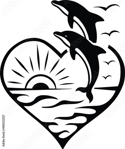 Retro Dolphin Heart-shaped frame with jumping dolphins and water drops. illustration for the Dolphinarium. Dolphinarium design of logo. Cute friendly dolphin.