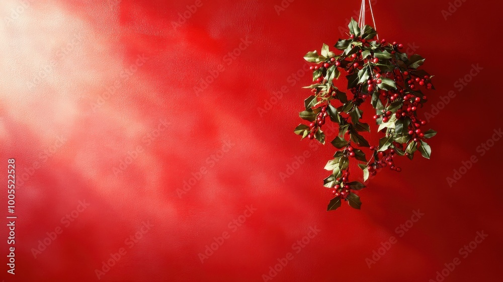Mistletoe hanging against a vibrant red background. Mistletoe hanging against a vibrant red background.