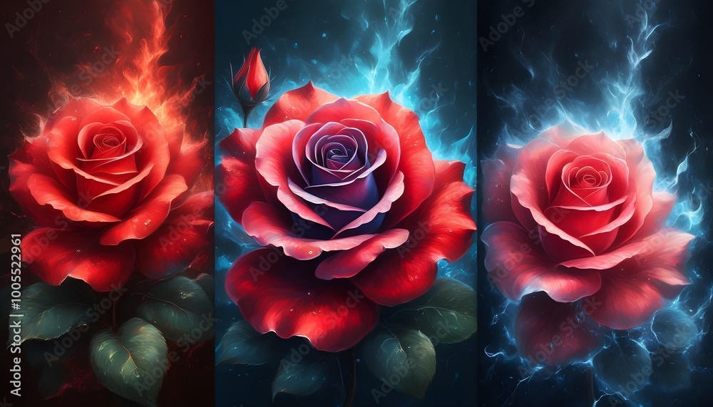 Amazing Red Roses Element Ethereal close-up of blooming red roses adorned with dewy petals ...