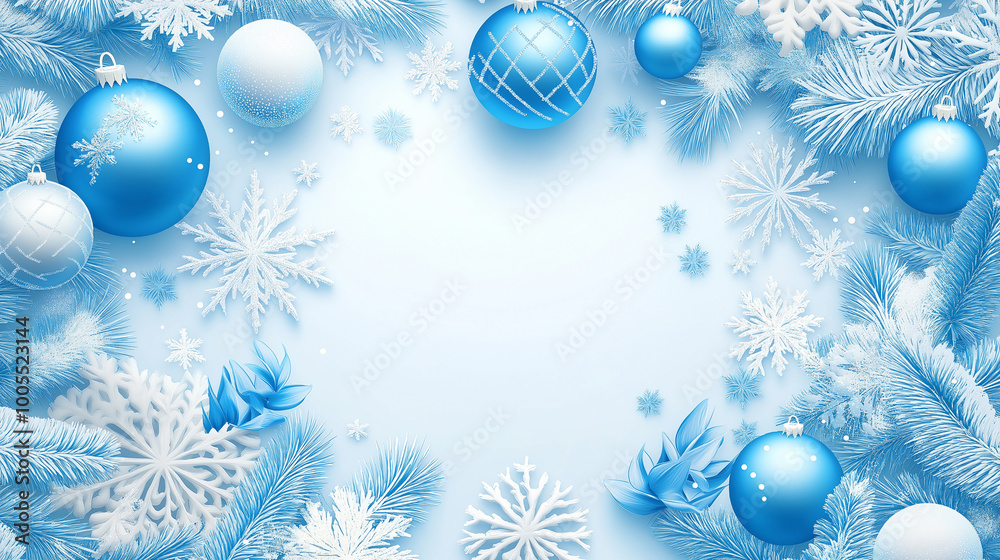 A beautiful New Year greeting card with festive decorations, including Christmas ornaments and snowflakes. The background is white or light blue. In the center of the picture