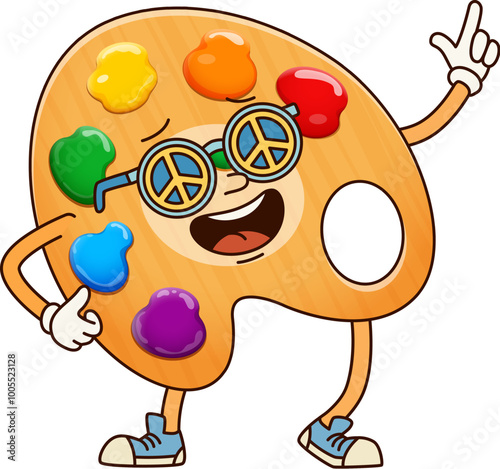 School education color palette groovy character wearing peace symbol sunglasses. Cartoon vector diy personage captures funky and creative mood with cheerful expression, promoting creativity and arts