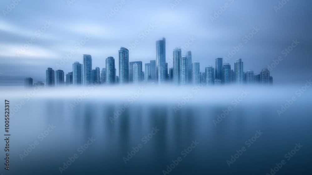 Naklejka premium Modern city skyline with fog, serene waterfront reflections.