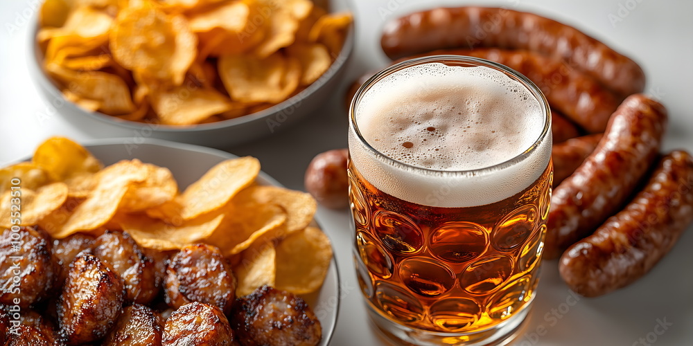 Beer glass with chips and sausages. Still life. Banner for the Oktoberfest holiday, a traditional treat. Beer glass with chips and sausages. Still life. Banner for the Oktoberfest holiday, a traditional treat.