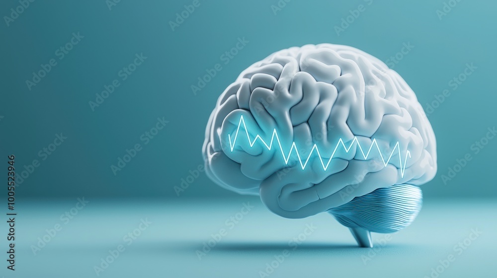 Brain with electrical wave activity visualization A human brain model with glowing wave activity, representing neural signals, brain waves, and mental processes in a futuristic style Brain with electrical wave activity visualization A human brain model with glowing wave activity, representing neural signals, brain waves, and mental processes in a futuristic style