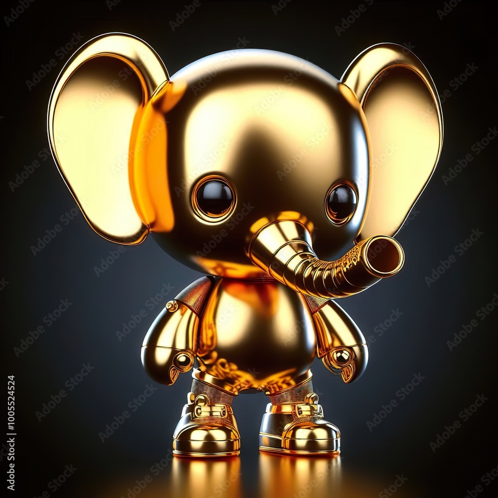 a cute and hip gold shinny metallic futuristic elephant character a cute and hip gold shinny metallic futuristic elephant character