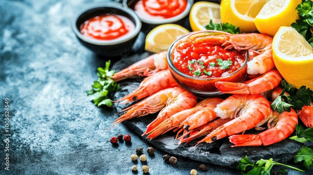 Shrimp cocktail with fresh shrimp served in a glass with cocktail sauce, garnished with lemon Shrimp cocktail with fresh shrimp served in a glass with cocktail sauce, garnished with lemon