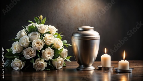 Funeral urn with white rose bouquet and candles on a wooden table with a dark background