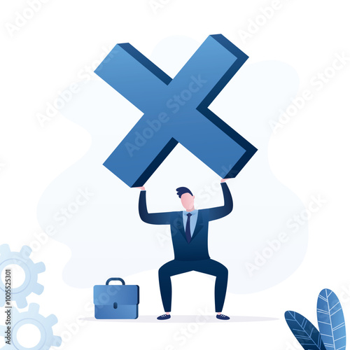 Restrictions in business.Tired businessman, heavy pressure and workload. Worker man or employee holds or tries to lift giant cross mark. Deal is reject, denied.