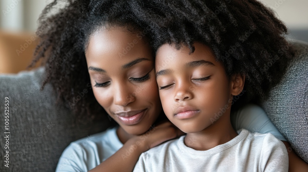 Mother and child sharing a tender moment together, close-up portrait. Mother and child sharing a tender moment together, close-up portrait.