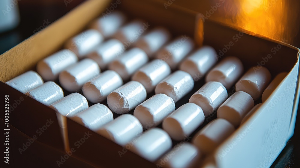 A box filled with neatly arranged white cylindrical objects, perfect for various craft and packaging needs. A box filled with neatly arranged white cylindrical objects, perfect for various craft and packaging needs.