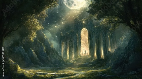 Ancient Stone Archway Entrance to a Mystical Forest Under a Starry Night Sky