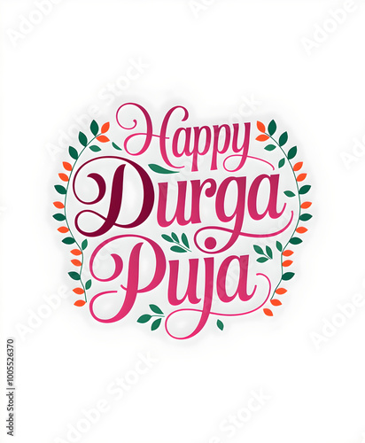 A colorful and decorative text design that says "Happy Durga Puja", with floral elements and patterns around the text