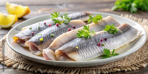 Pickled herring fillets in medium shot photo