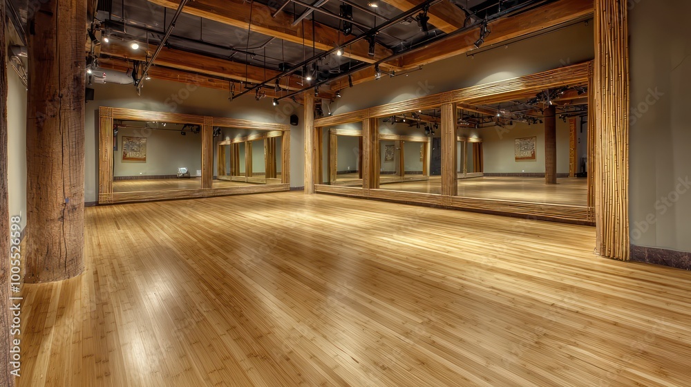 A sustainable dance studio with bamboo floors, mirrors framed with reclaimed wood, and energy-efficient heating systems A sustainable dance studio with bamboo floors, mirrors framed with reclaimed wood, and energy-efficient heating systems