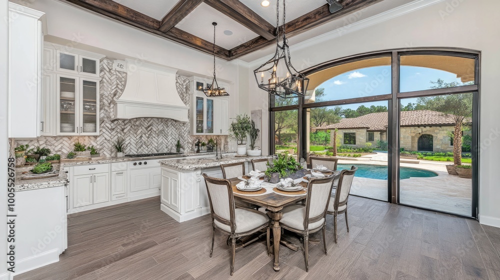 Spacious dining room with a large table, stylish chairs, and soft lighting creating an inviting atmosphere Spacious dining room with a large table, stylish chairs, and soft lighting creating an inviting atmosphere