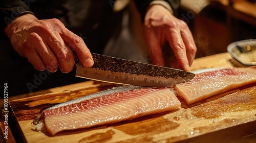 A chef skillfully filleting fresh fish on a wooden board, showcasing the art of culinary preparation in a dimly lit kitchen. photo