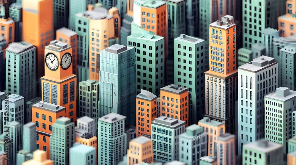 Obraz premium Vibrant metropolis with miniature skyscrapers and clock tower amid urban landscape