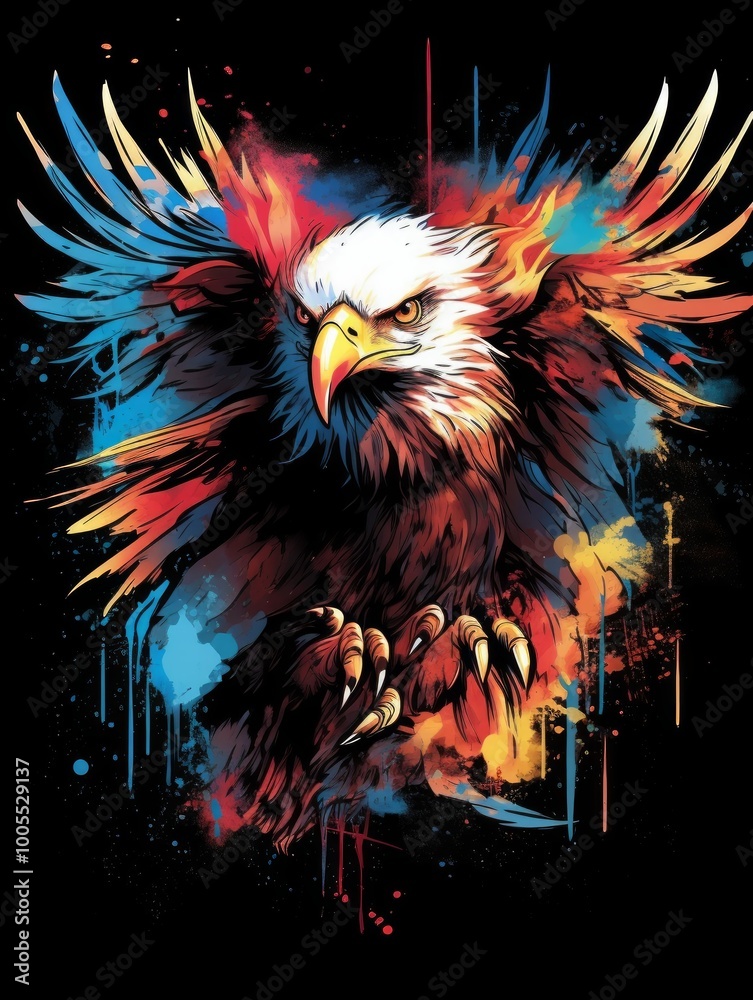 Fototapeta premium A vibrant, artistic depiction of a fierce eagle with colorful feathers.