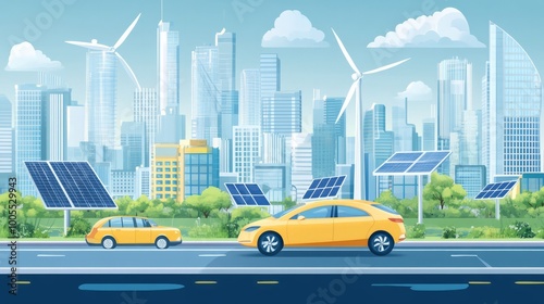 Futuristic Cityscape Powered by Solar Panels and Wind Turbines with Electric Cars and Green Rooftops