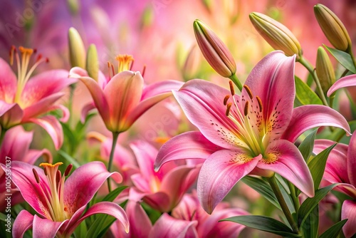 Pink and brown lily plants on asymmetrical background