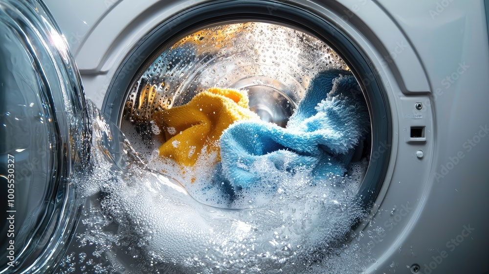 A close-up of a washing machine door, showcasing colorful clothes spinning in water, symbolizing laundry and cleanliness. A close-up of a washing machine door, showcasing colorful clothes spinning in water, symbolizing laundry and cleanliness.