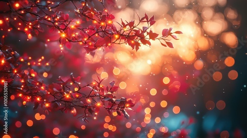 A beautifully illuminated tree branch with glowing lights during a rainy evening in a serene outdoor setting