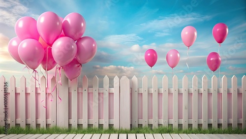 Pink balloons celebration white picket fence at a tilted angle photo