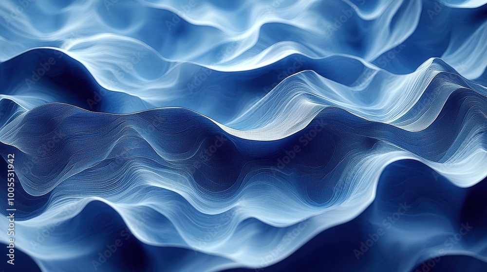 Serene waves of blue fabric flowing gracefully under soft light in a tranquil setting Serene waves of blue fabric flowing gracefully under soft light in a tranquil setting