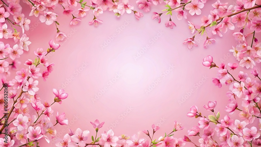 Fototapeta premium pink cherry blossom frame on pink background with selective focus