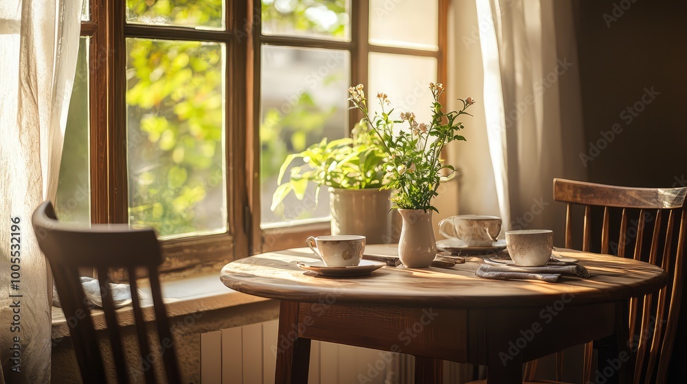 Fototapeta premium A cozy home setting featuring a wooden table with cups, a potted plant, and sunlight filtering through a window.