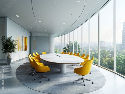 Modern conference room with a large oval table and yellow chairs, overlooking a city skyline. photo