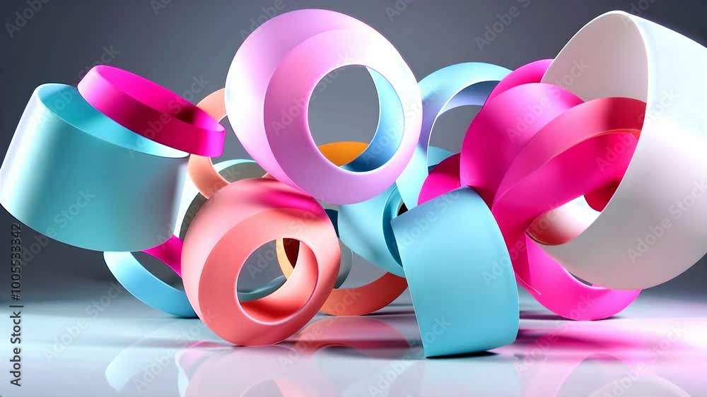 Still life 3D animation of pink,blue,green.gray,white pastel multi colored papers forming abstract ring shapes,video filmed in slow motion