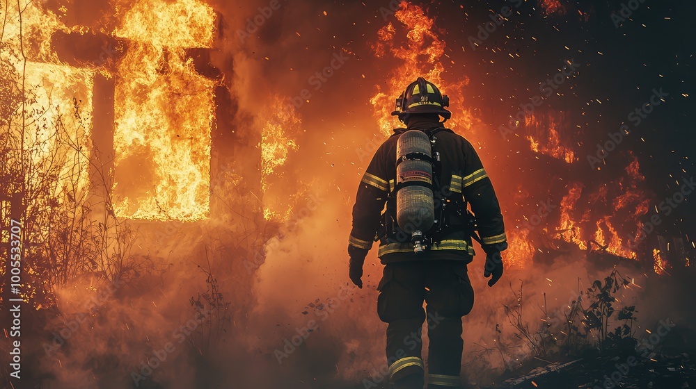 A determined firefighter faces raging flames, embodying courage and heroism in the fight against wildfires. A determined firefighter faces raging flames, embodying courage and heroism in the fight against wildfires.