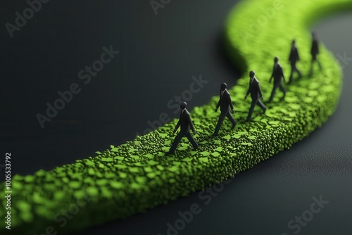 Abstract image of businesspeople walking on a green digital path, responsibility in sustainable business growth, synergy and eco-innovation photo