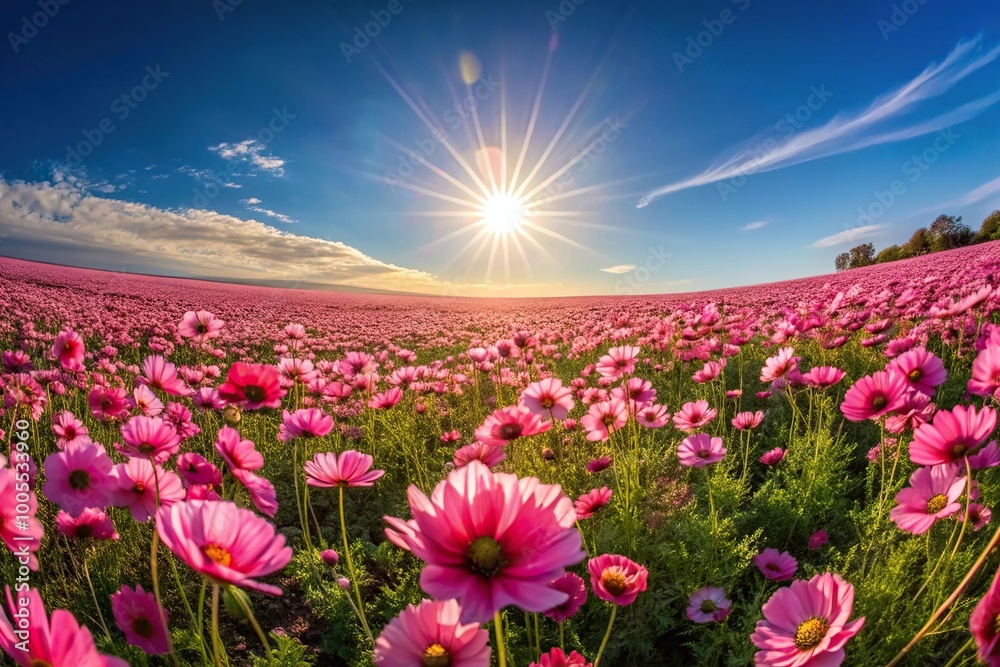 Fototapeta premium pink flowers field under sun rays