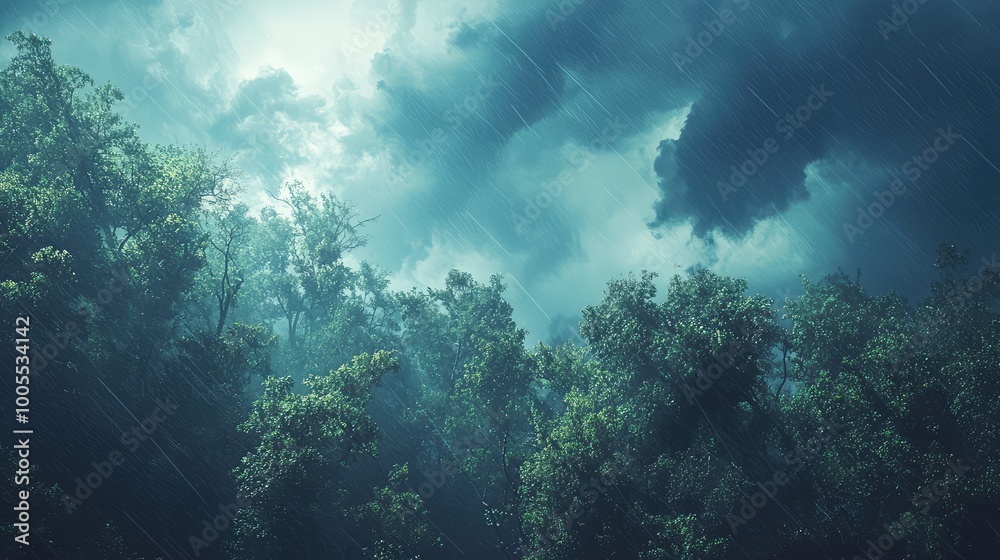 A dramatic forest scene under dark, stormy skies, capturing the essence of nature's raw beauty and power during a rainfall. A dramatic forest scene under dark, stormy skies, capturing the essence of nature's raw beauty and power during a rainfall.