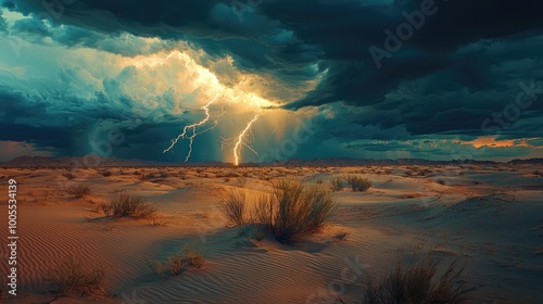 A dramatic desert landscape illuminated by lightning against dark, stormy clouds, showcasing nature's raw power and beauty.