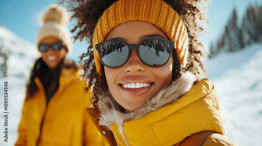 Two friends smiling in winter outfits while enjoying a sunny day on the snowy slopes of a mountain during a ski trip Two friends smiling in winter outfits while enjoying a sunny day on the snowy slopes of a mountain during a ski trip