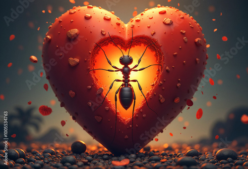 A large red heart-shaped object with a black ant silhouette visible inside, surrounded by smaller heart shapes and a glowing background