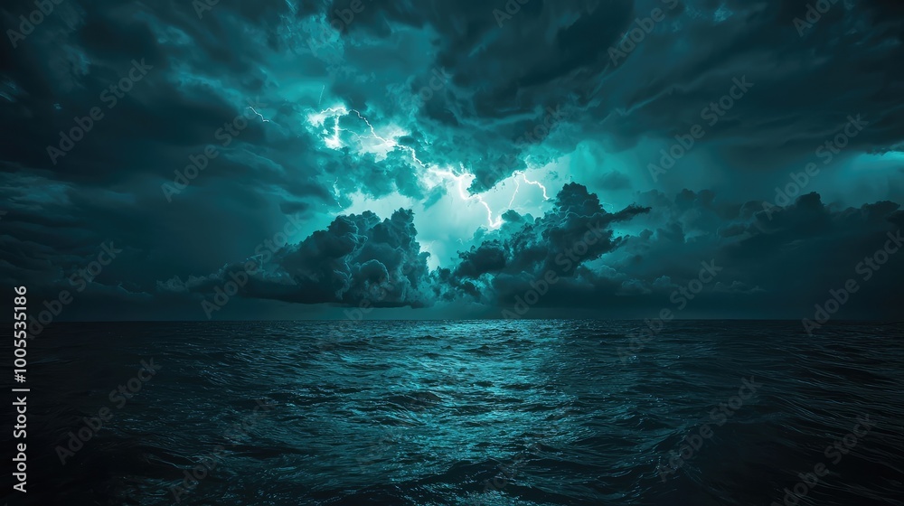 A dramatic ocean scene featuring dark clouds and shimmering waters, evoking mystery and tranquility in a stormy atmosphere. A dramatic ocean scene featuring dark clouds and shimmering waters, evoking mystery and tranquility in a stormy atmosphere.