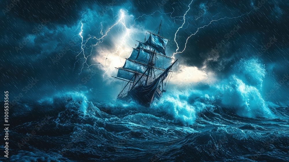 A dramatic scene of a ship battling fierce waves and lightning during a storm, capturing the power of nature and adventure. A dramatic scene of a ship battling fierce waves and lightning during a storm, capturing the power of nature and adventure.