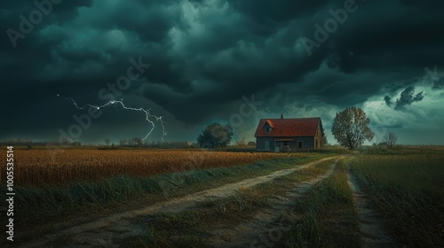 A dramatic scene of a farmhouse under dark storm clouds with lightning, set in a peaceful rural landscape.