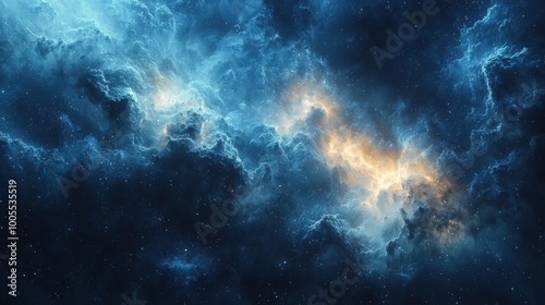 A vast expanse of a cosmic nebula illuminated by vibrant blue and orange hues in the depths of outer space