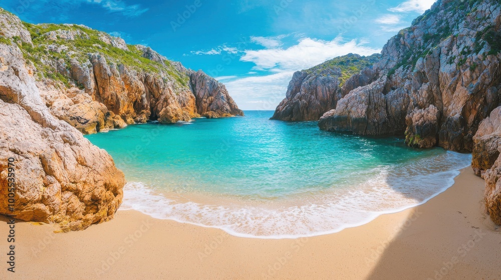 A beautiful beach with a blue ocean and a rocky shore A beautiful beach with a blue ocean and a rocky shore