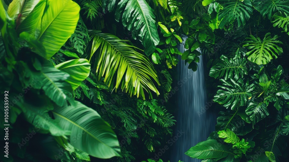 A lush green jungle with a waterfall in the middle