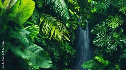 Fototapeta Naklejka Na Ścianę i Meble -  A lush green jungle with a waterfall in the middle