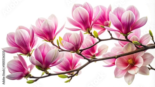 Pink magnolia flowers on a tree branch isolated on white