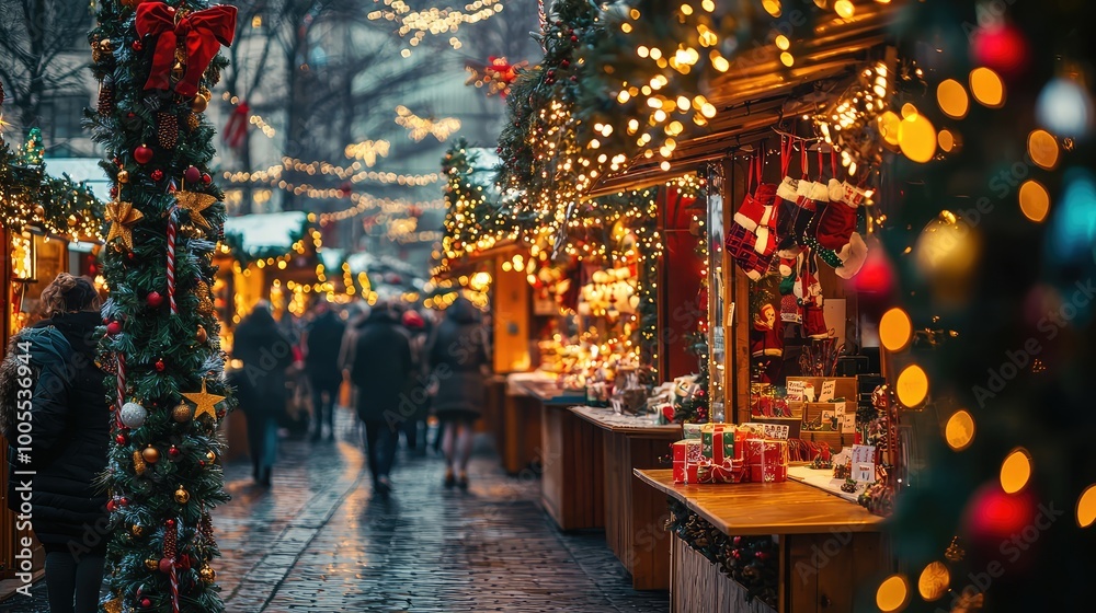 A festive Christmas market scene adorned with sparkling lights, charming stalls, and joyful visitors celebrating the holiday season. A festive Christmas market scene adorned with sparkling lights, charming stalls, and joyful visitors celebrating the holiday season.